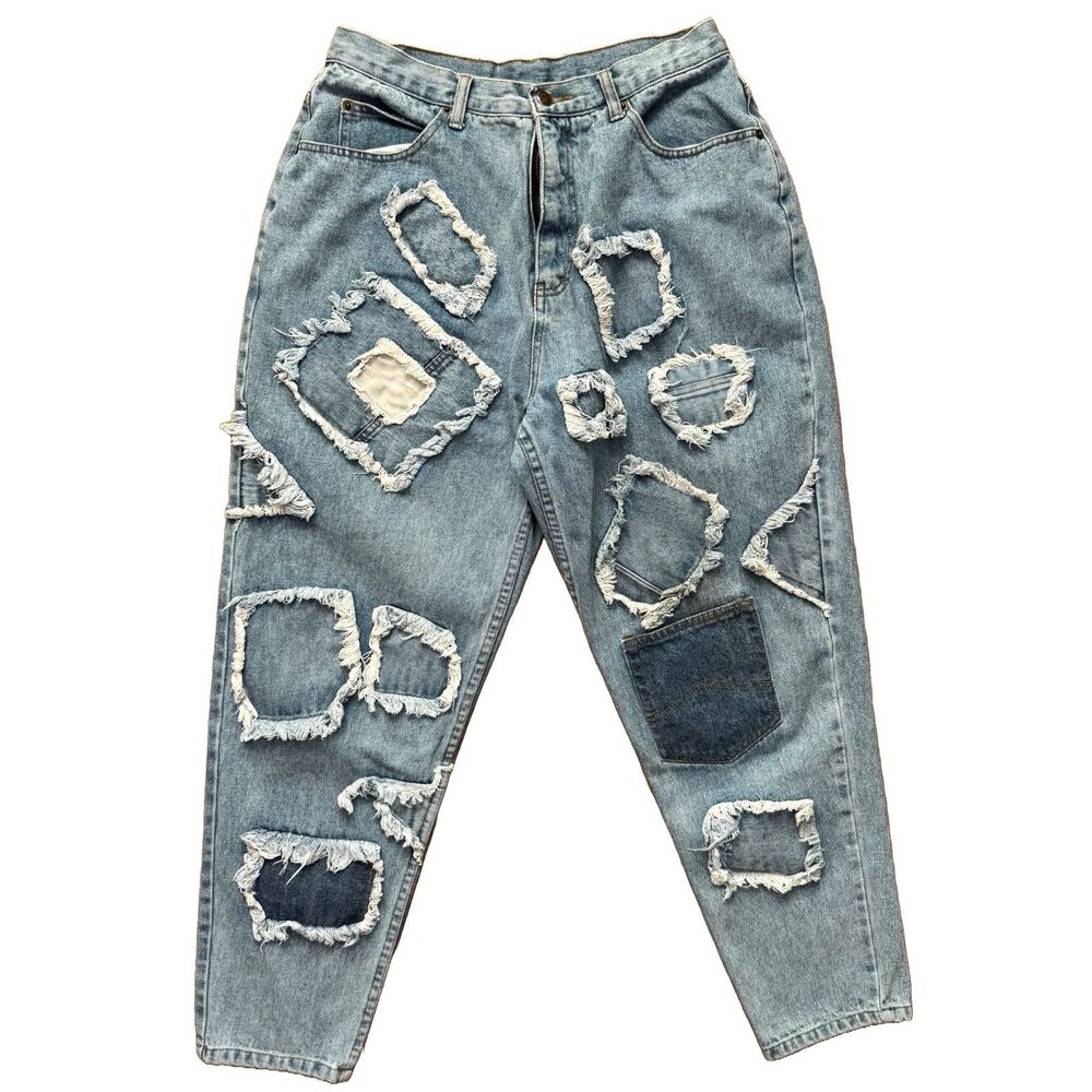 Vintage 90s Seruchi High Rise Tapered Patchwork Jeans Size 31x27 Retro Boho Rare